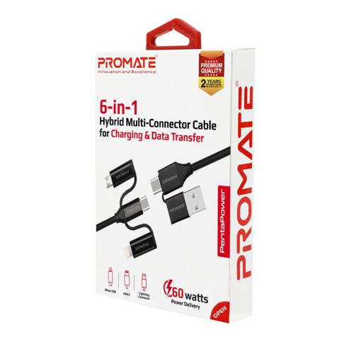 Promate 6-in-1 Hybrid Multi-Connector Cable for Charging & Data Transfer(PentaPower)-60W Power Delivery USB-C to USB-C, Micro-USB, USB-C, Lightning connector