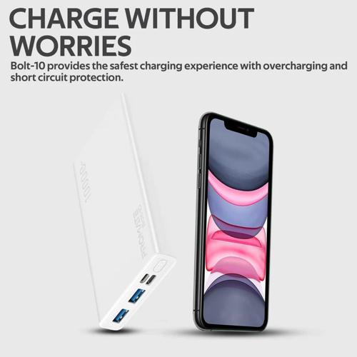 Promate 10000mAh Compact Smart Charging Power Bank with Dual USB Output (Bolt-10)