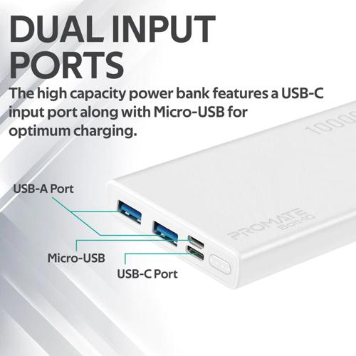 Promate 10000mAh Compact Smart Charging Power Bank with Dual USB Output (Bolt-10)