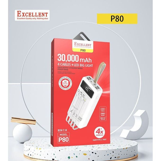 Excellent P80 30,000mAh 4 Cables + LED Big Light Power Bank