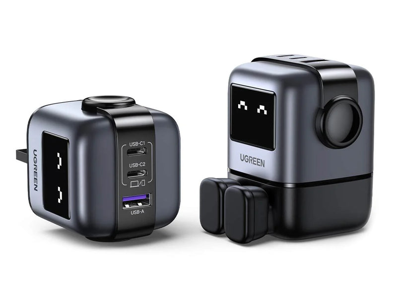 UGREEN XeNodR 65W 3‑Port GaN Fast Charger (UG‑25686) – Robot LED Display, USB‑A + 2 USB‑C, Compact & Safe 
