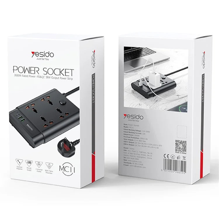 YESIDO MC11 2650W Power Strip 4 UK Sockets + PD + 2 USB Ports Multifunction Power Socket