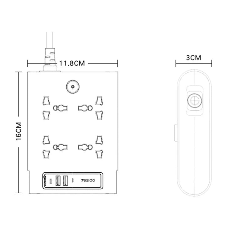 YESIDO MC11 2650W Power Strip 4 UK Sockets + PD + 2 USB Ports Multifunction Power Socket
