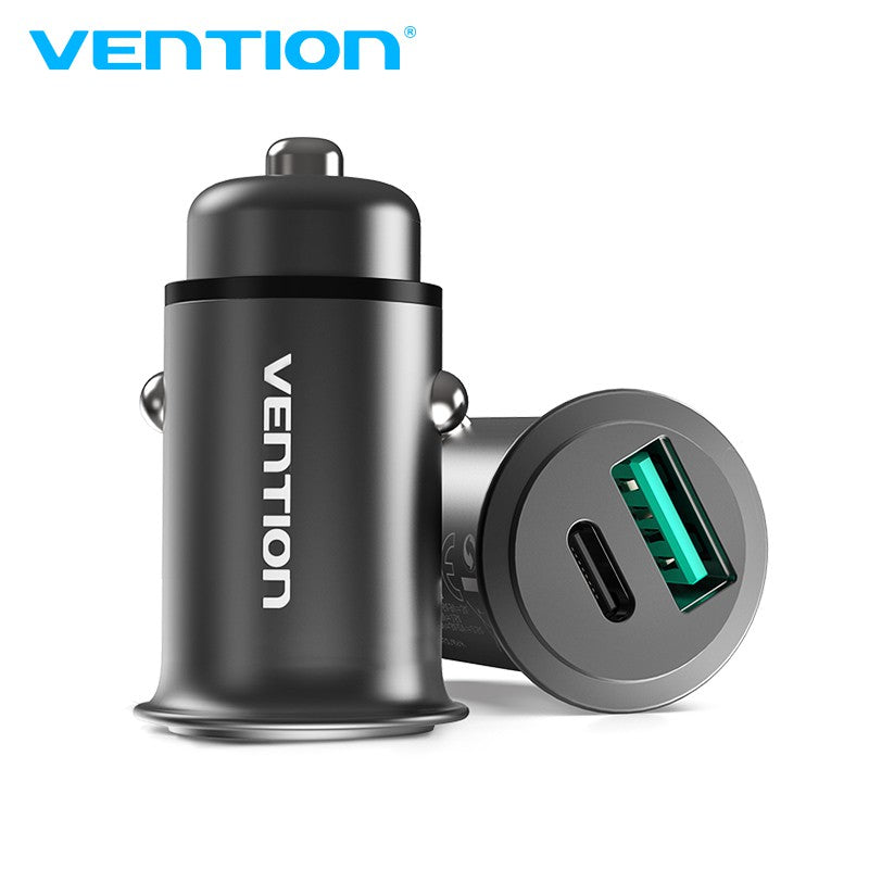 Vention Rapid 2-Port Car Charger (PD3.0 + QC3.0) 25W Grey Mini Style Aluminium Alloy Type (