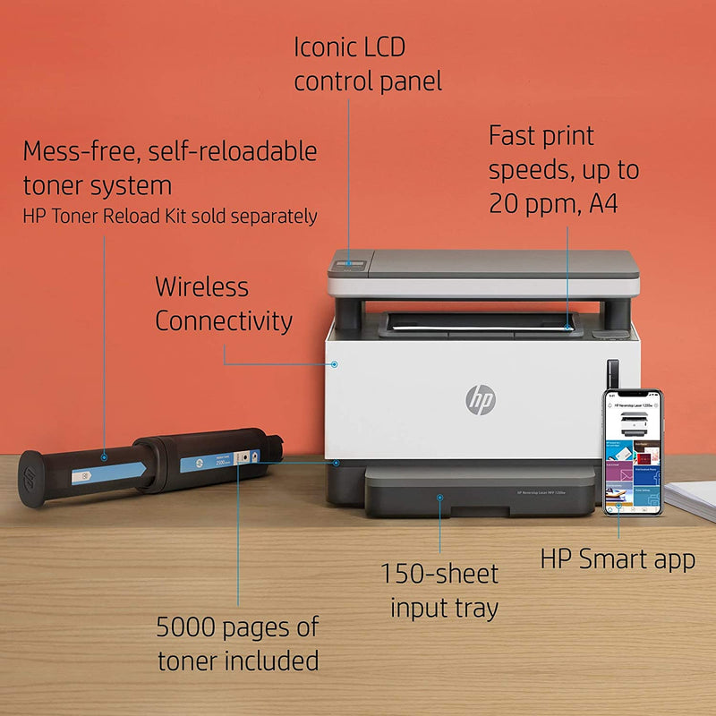 HP 4RY26A Neverstop Laser 1200W Wireless, Print, Scan, Copy,Automated Document Feeder, Mono Printer