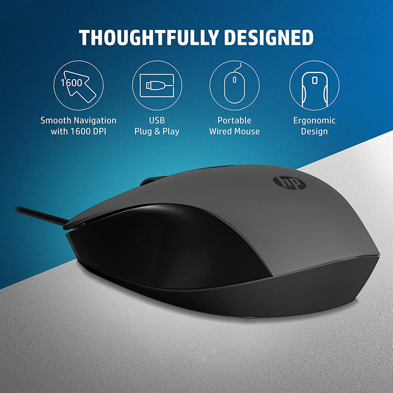 HP 150 USB Wired Mouse - Elegant Ergonomic Design, 1600 DPI Optical Tracking, USB Plug & Play - 240J6AA
