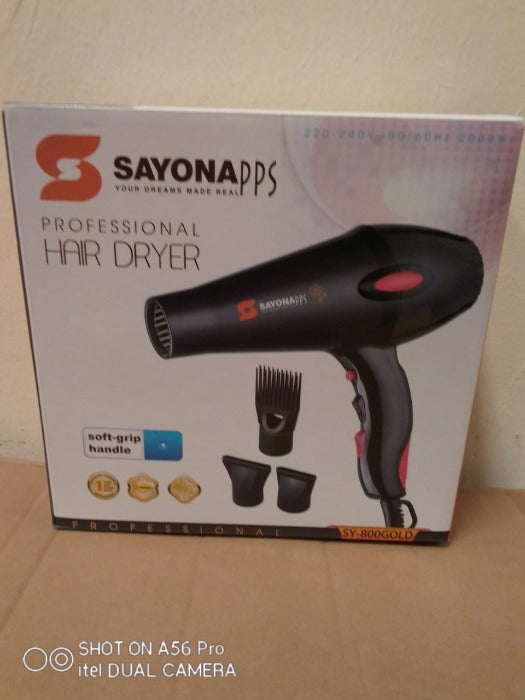 Sayona SY-800 Hair Dryer - 3 power levels, Motor voltage: 2000-2200w, Power source: AC 220-240V 50/60Hz 