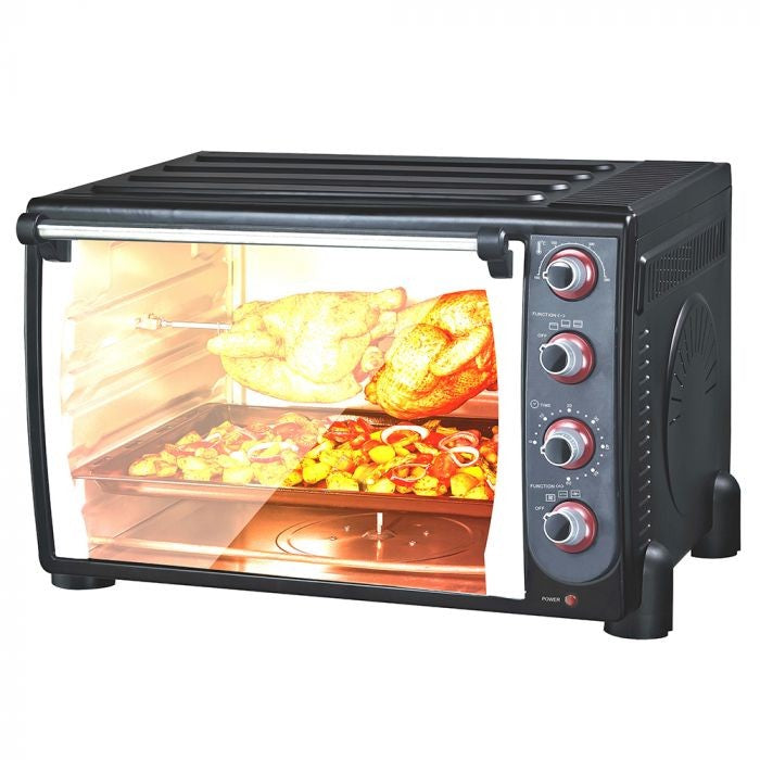 Capacity: 90Lts Bottom and top heating elements Stainless steel heating elements Rotisserie Movable bake rack 1 Year Warranty