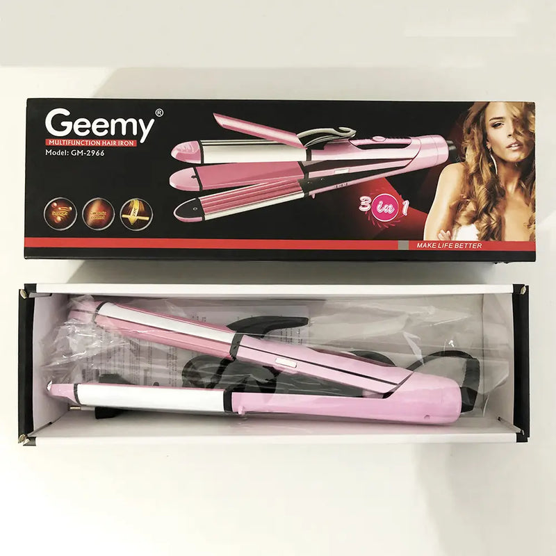 Geemy GM- 2966 3 In 1 Multifunctional Hair Iron - Straight/Curl/Wave , 60W,  220 v/ 240, Ceramic plates for even straightening