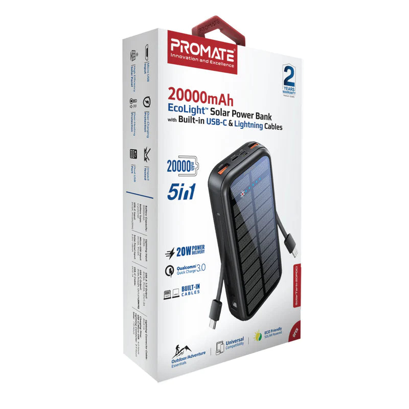 Promate Ecolight solar 20000mAh  Powerbank - with Built-in USB-C & Lightning Cables