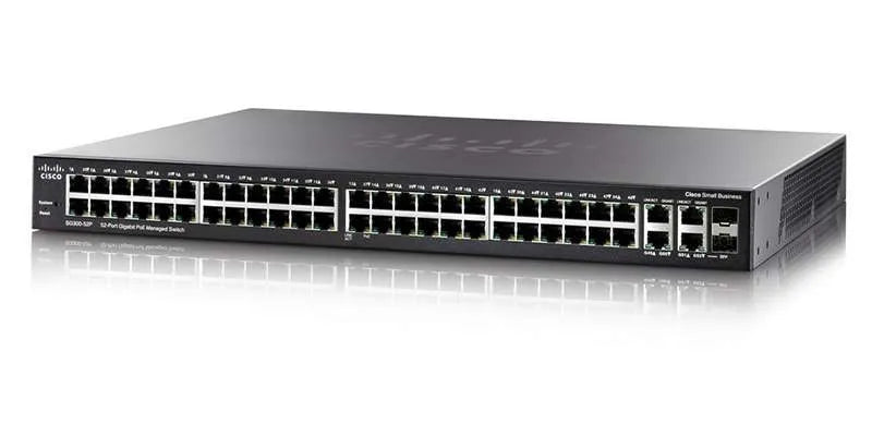 Cisco SG350-52P 52-Port Gigabit PoE Managed Switch - Has an ethernet port configuration of 48 10/100/1000 ports