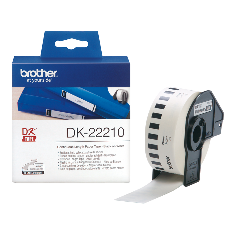 Brother DK 22210 Continuous Paper Label Roll- Black on White, 29mm