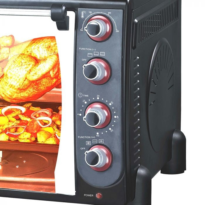 Capacity: 90Lts Bottom and top heating elements Stainless steel heating elements Rotisserie Movable bake rack 1 Year Warranty