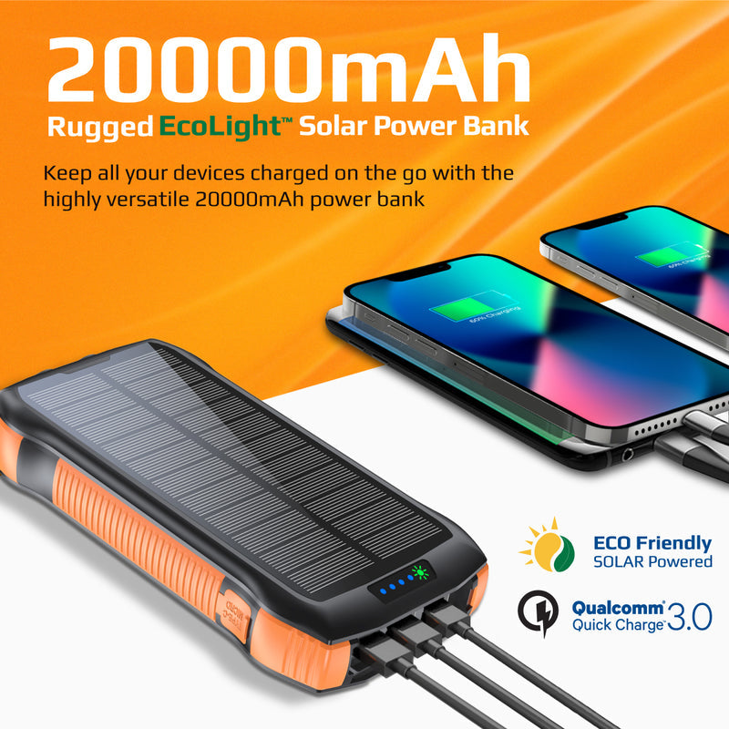 Promate Rugged Ecolight solar 20000mAh  Powerbank - with Built-in USB-C & Lightning Cables