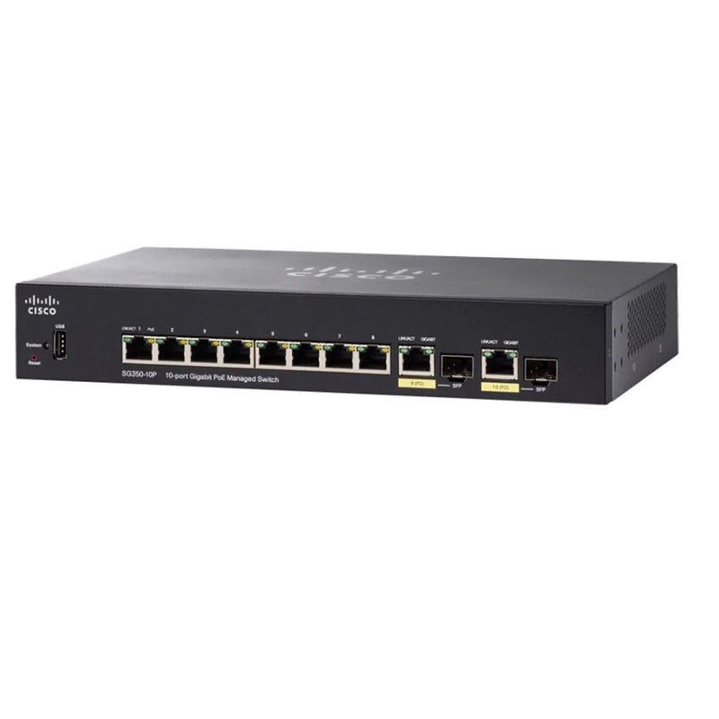 Cisco SG350-10PP Managed Switch - 8 x 10/100/1000 (PoE+) + 2 x combo Gigabit SFP, 20 Gbps switching capacity, 14.88 mbps forwarding performance