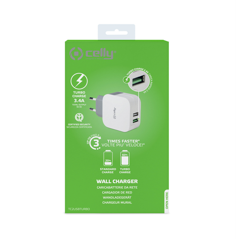 Celly TC2USBTURBO 2 USB-A Wall Charger -17W