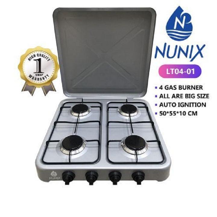 Nunix LT04-01 4 Burner Gas Cooker - Auto Ignition, Metallic Lid, 4 Burner Gas