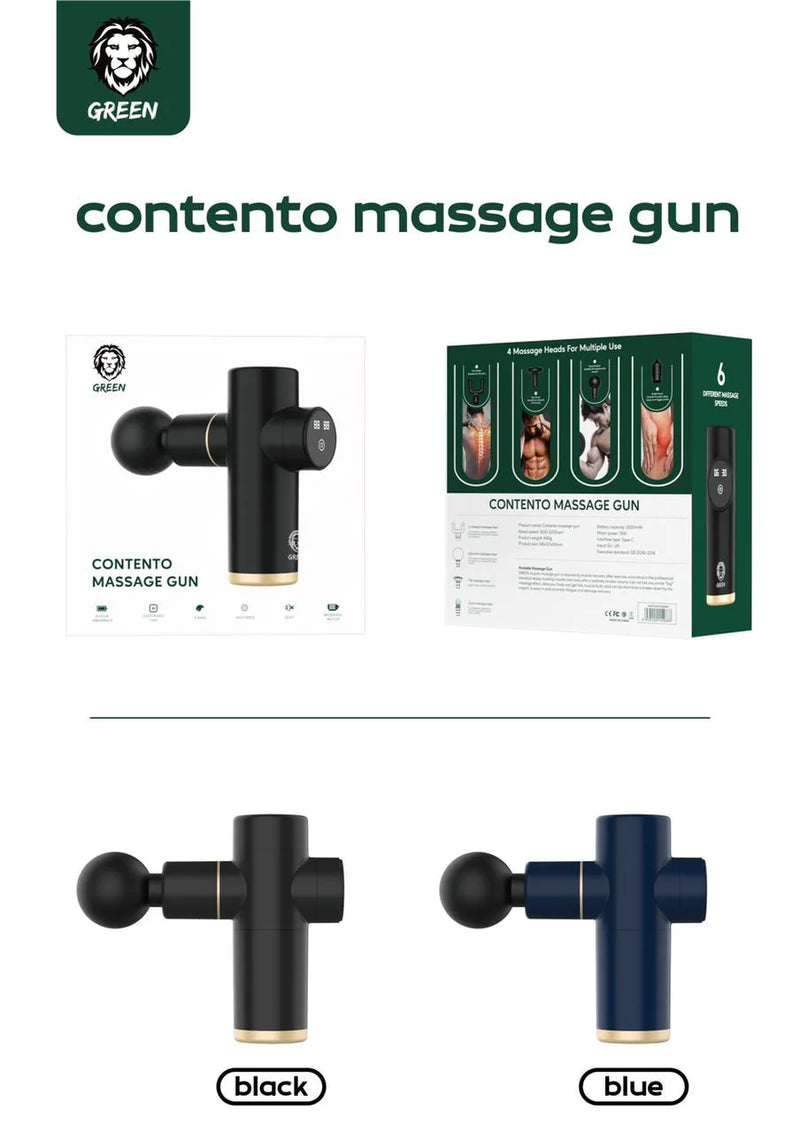 Green Lion GNFG2500MBK Contento Portable Massage Gun - 6 Different Massage Speeds, Spherical Massage Head