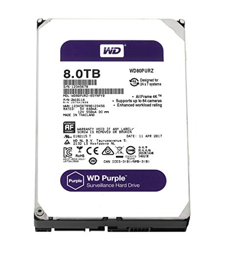 WD Purple 8TB Surveillance Hard Disk Drive - 5400 RPM Class SATA 6 Gb/s 128MB Cache 3.5 Inch - WD80PURZX