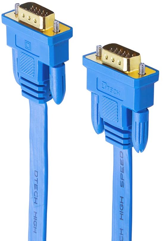 DTECH 10m Flat VGA Cable (DT-69F10B) Long 32 Feet Gold Plated Male to Male 15 Pin Connector Ultra Slim Blue Wire for Computer Monitor SVGA Projector
