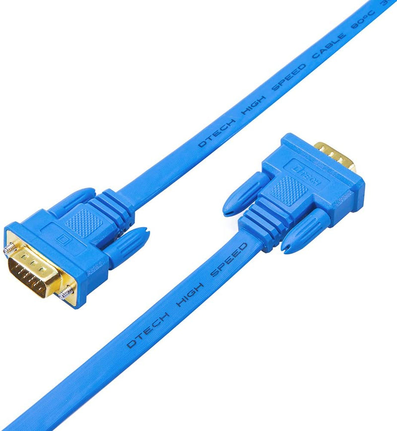 DTECH 10m Flat VGA Cable (DT-69F10B) Long 32 Feet Gold Plated Male to Male 15 Pin Connector Ultra Slim Blue Wire for Computer Monitor SVGA Projector
