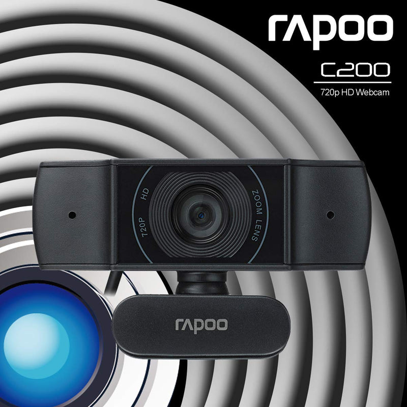 Rapoo C200 720p HD USB Black, 360° Horizontal, 100° Super Wide-Angle Webcam with Microphone for Live Broadcast Video Calling Conference