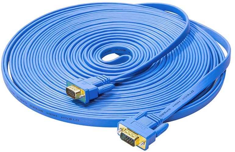 DTECH 10m Flat VGA Cable (DT-69F10B) Long 32 Feet Gold Plated Male to Male 15 Pin Connector Ultra Slim Blue Wire for Computer Monitor SVGA Projector