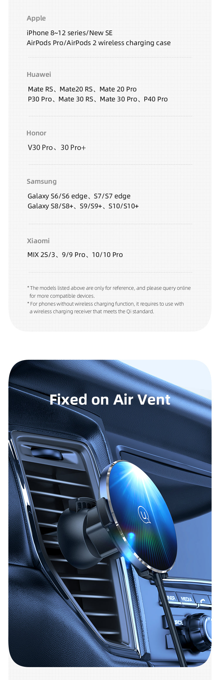 Usams US-CD164 Ultra-Slim Magnetic Car Wireless Charger 15W(Also For Home Use)