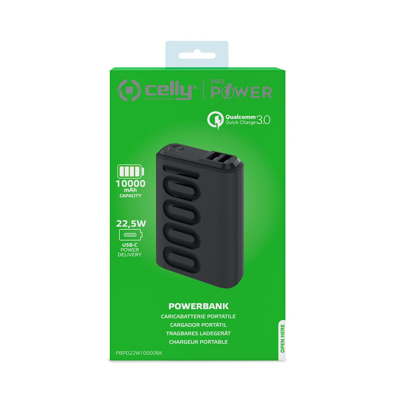 Celly PBPD22W10000 10000mAH Wireless Power Bank - two USB-A output ports, one Micro Usb charging port and a USB-C input/output port