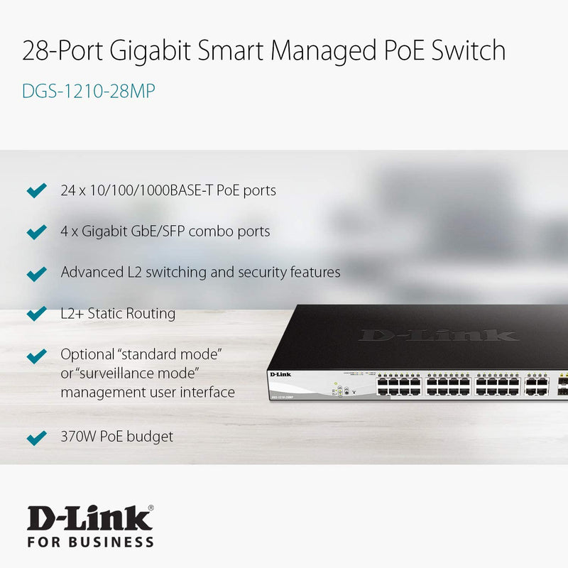 D-Link Poe+ Switch, 24 28 Port Smart Managed Layer 2+ Gigabit Ethernet with 4 Gigabit RJ45/SFP Combo Ports and 370W PoE Budget (DGS-1210-28MP)