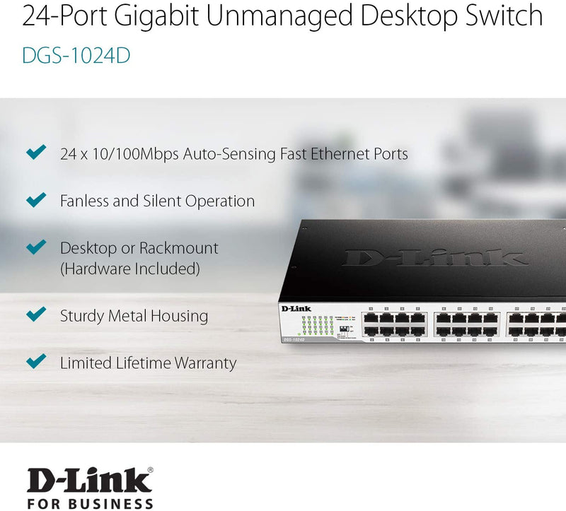 D-Link Fast Ethernet Switch, 24 Port Gigabit Unmanaged Fanless Network Hub Desktop or Rack Mountable (DGS-1024D)