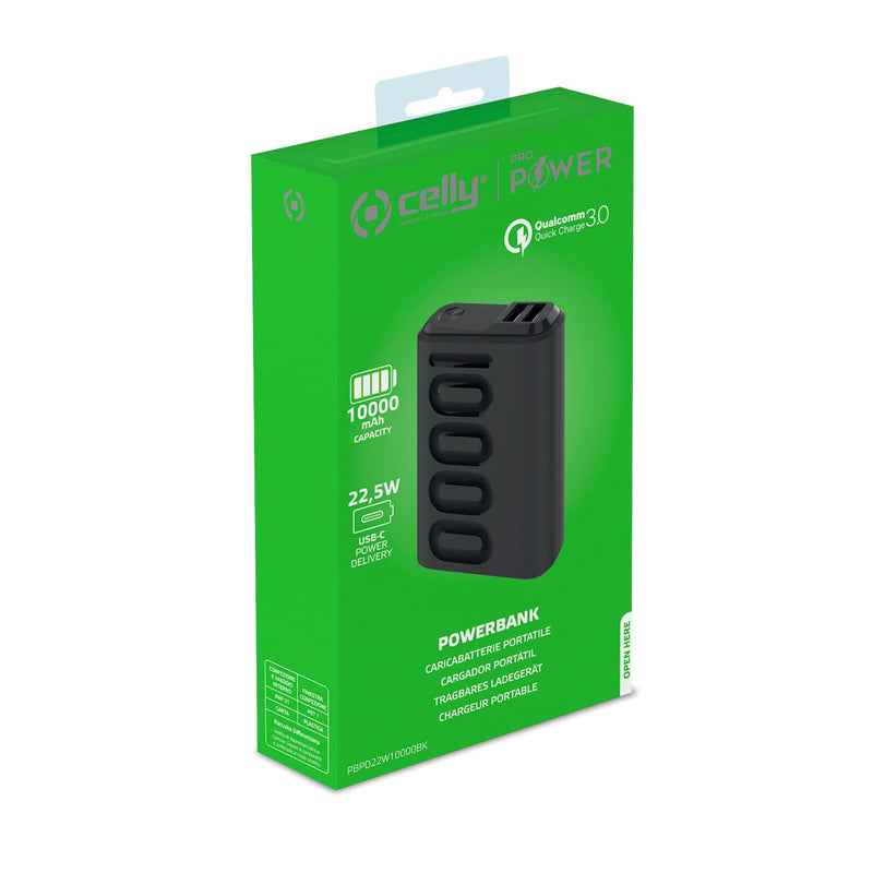 Celly PBPD22W10000 10000mAH Wireless Power Bank - two USB-A output ports, one Micro Usb charging port and a USB-C input/output port