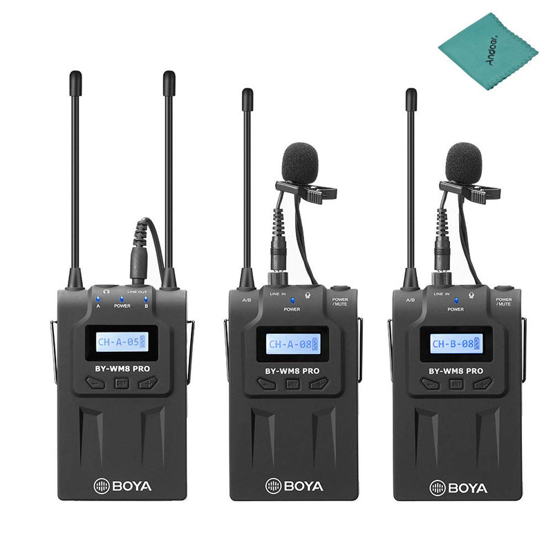 BOYA by-WM8 Pro-K2 UHF Dual-Channel Wireless Microphone System Receiver+Transmitter A+Transmitter B with LCD Display Screen for Canon Nikon DSLR Camera Camcorder with Andoer Cleaning Cloth