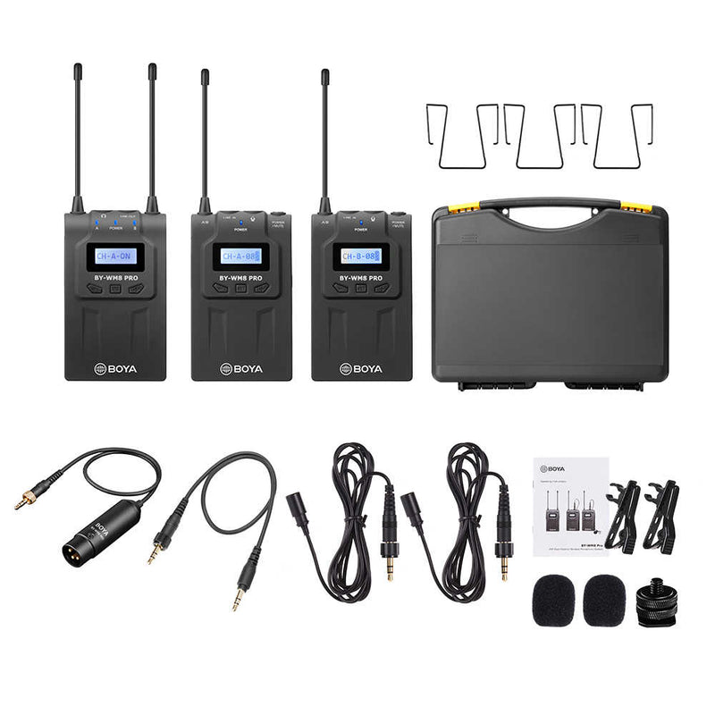 BOYA by-WM8 Pro-K2 UHF Dual-Channel Wireless Microphone System Receiver+Transmitter A+Transmitter B with LCD Display Screen for Canon Nikon DSLR Camera Camcorder with Andoer Cleaning Cloth