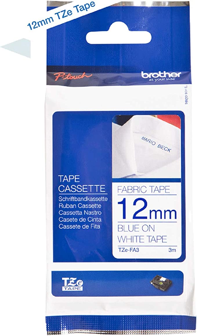 Brother 12TZE-FA3 FABRIC TAPE BLUE ON WHITE TAPE