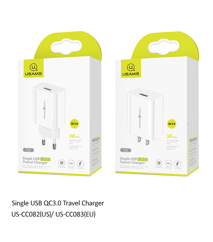 USAMS US-CC082/US-CC083 T22 Single USB QC3.0 Travel Charger(CC83TC01)