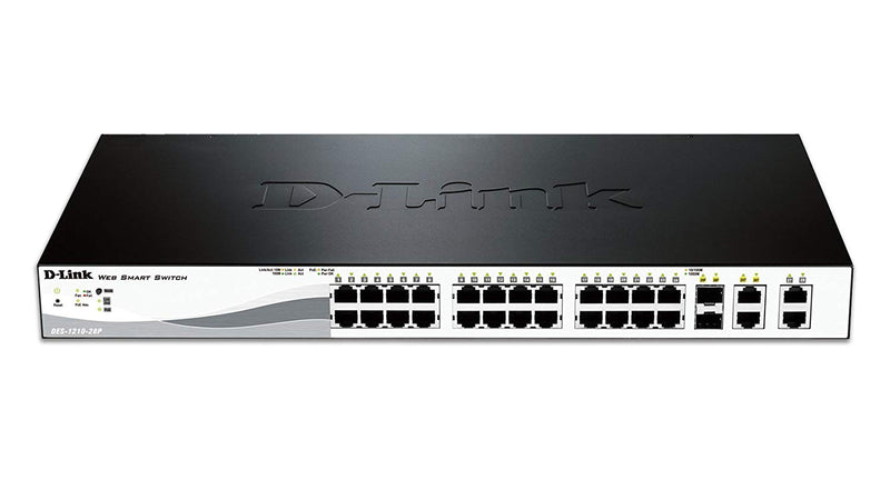 D-Link 28-Port Fast Ethernet WebSmart PoE+ Switch including 2 Gigabit BASE-T and 2 Gigabit Combo BASE-T/SFP Ports (DES-1210-28P)