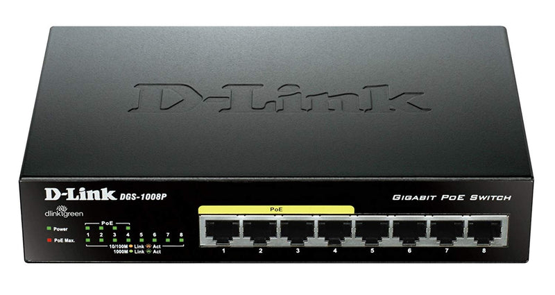 D-Link 8 Port Gigabit Unmanaged Desktop Switch with 4 PoE Ports, 68W PoE Budget (DGS-1008P)