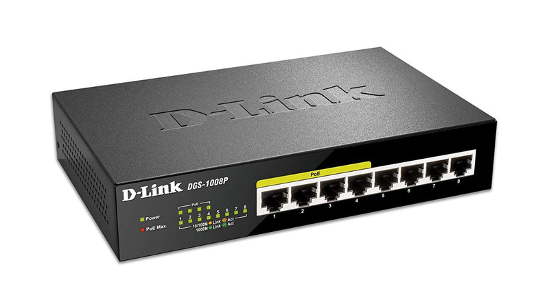 D-Link 8 Port Gigabit Unmanaged Desktop Switch with 4 PoE Ports, 68W PoE Budget (DGS-1008P)