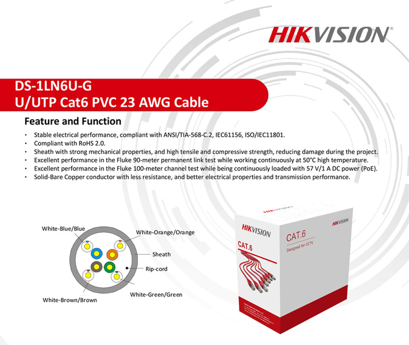 Hikvision DS-1LN6U-SC0 U/UTP Cat6 PVC 23 AWG Cable