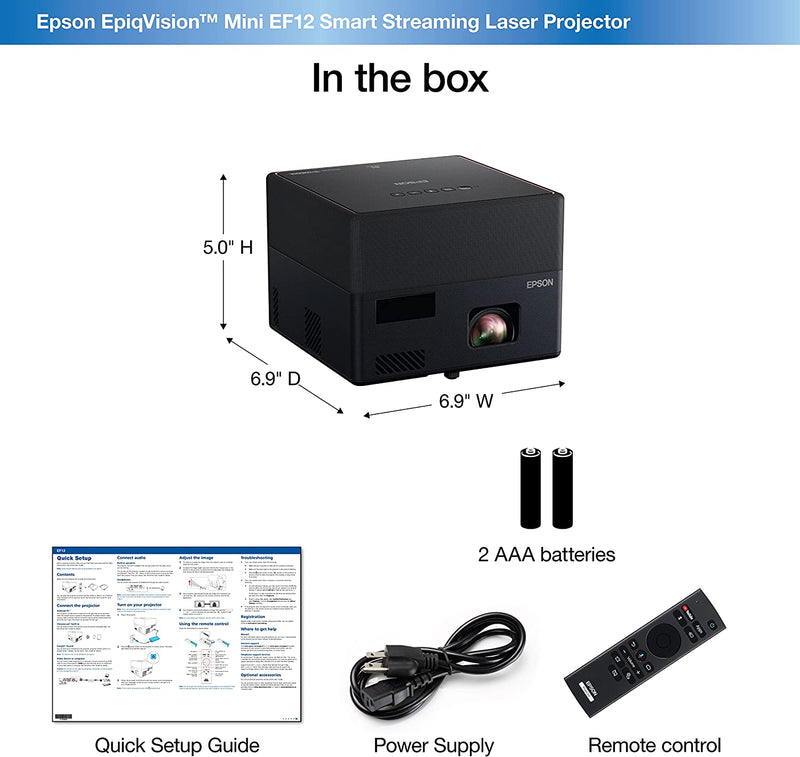 Epson EF-12 Mini laser Smart projector (V11HA14040) - 3LCD, Full HD, 1000 Lumens, 150 Inch Display, Android TV, Sound by Yamaha, Gaming & Home Cinema Laser Projector