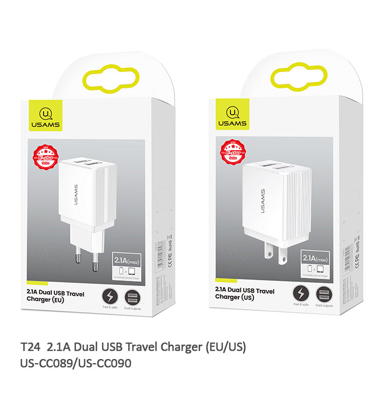 USAMS CC090 T24 2.1A Dual USB Travel Charger (EU) Plug Portable Cell Phone fast Wall Travel Charger Adapter (CC90TC01)