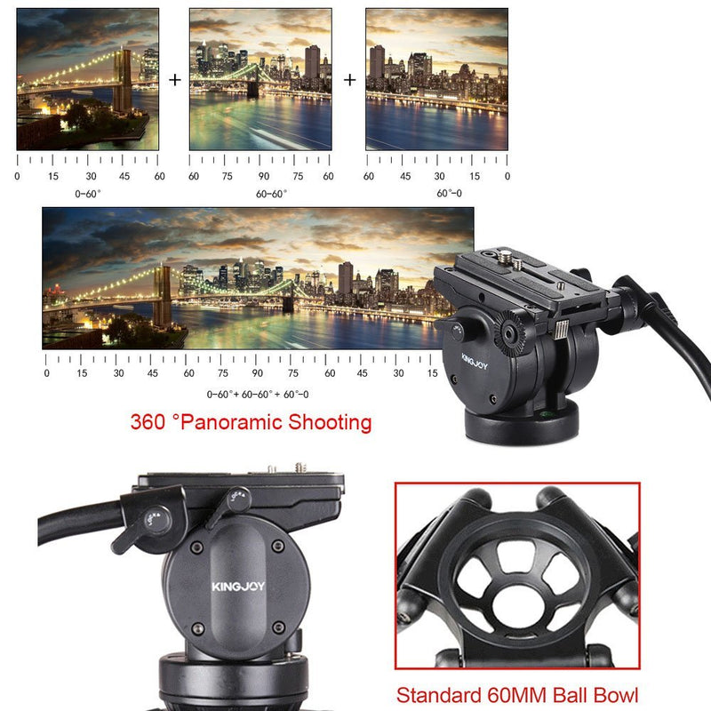 Kingjoy VT-2500+VT-2510 Professional Video/Camera Tripod Kit - 360°Panorama Pan Fluid Ball Head for DSLR Camera Video Recorder DV Max Height 61 Inch Max Load 15KG