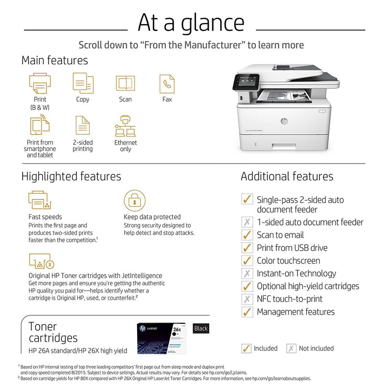 HP LaserJet Pro M426fdn All-in-One Laser Printer with Built-in Ethernet & Double-Sided Printing (F6W14A)