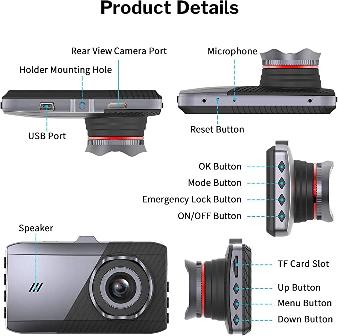 Relee Three Cameras 4''inch Tripple Lens Car Dash Cam 