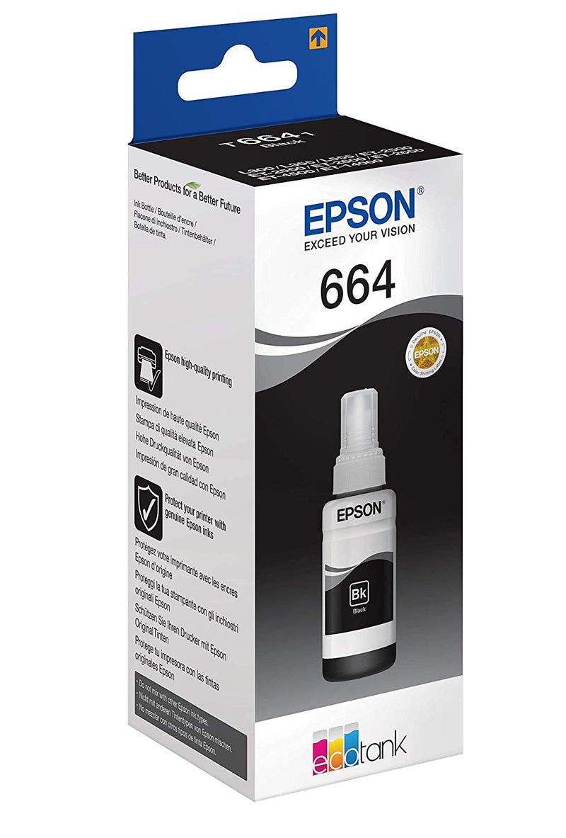 Epson T6641 EcoTank Black Color Ink Bottle 70ml Original Ink Cartridges for EcoTank L605, L565, L550, L486, L455, L386, L383, L365, L355, L310, L3070, L3060, L3050, L300, L220, L200, L210, l120, L110, L100, L1455, L1300 Printers
