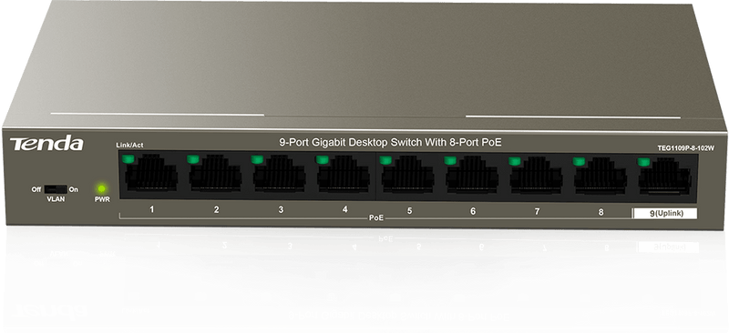 TENDA TEG1109P-8-102W 9-Port Gigabit Desktop Switch with 8-Port PoE