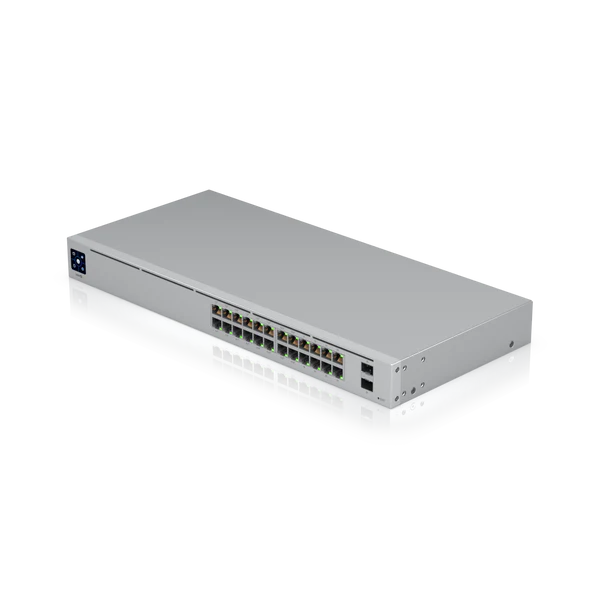 Ubiquiti UniFi (USW-24-POE) 24-Port PoE Switch - Port/Expansion Slot Details: 8 x Gigabit Ethernet Network, 16 x Gigabit Ethernet PoE+