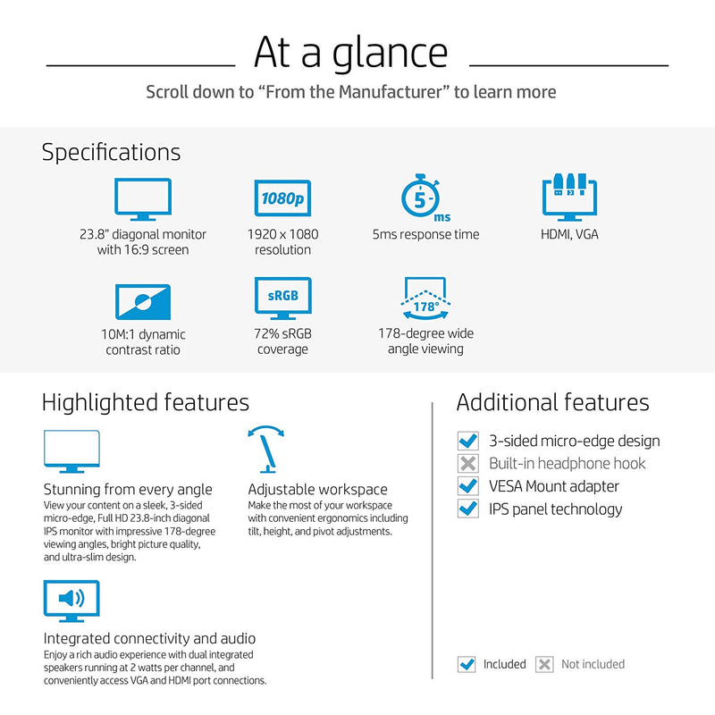 HP VH240a - 23.8-inch FHD IPS Monitor (1KL30AS) with Tilt/Height Adjustment and Built-in Speakers