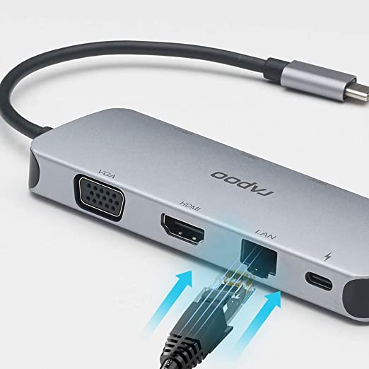 Rapoo 10-in-1 USB C Hub Adapter, with 4K HDMI, 1080P VGA, SD/TF Card Reader, 4 USB 3.0 Ports, Type C Charging, RJ-45 Port - XD200